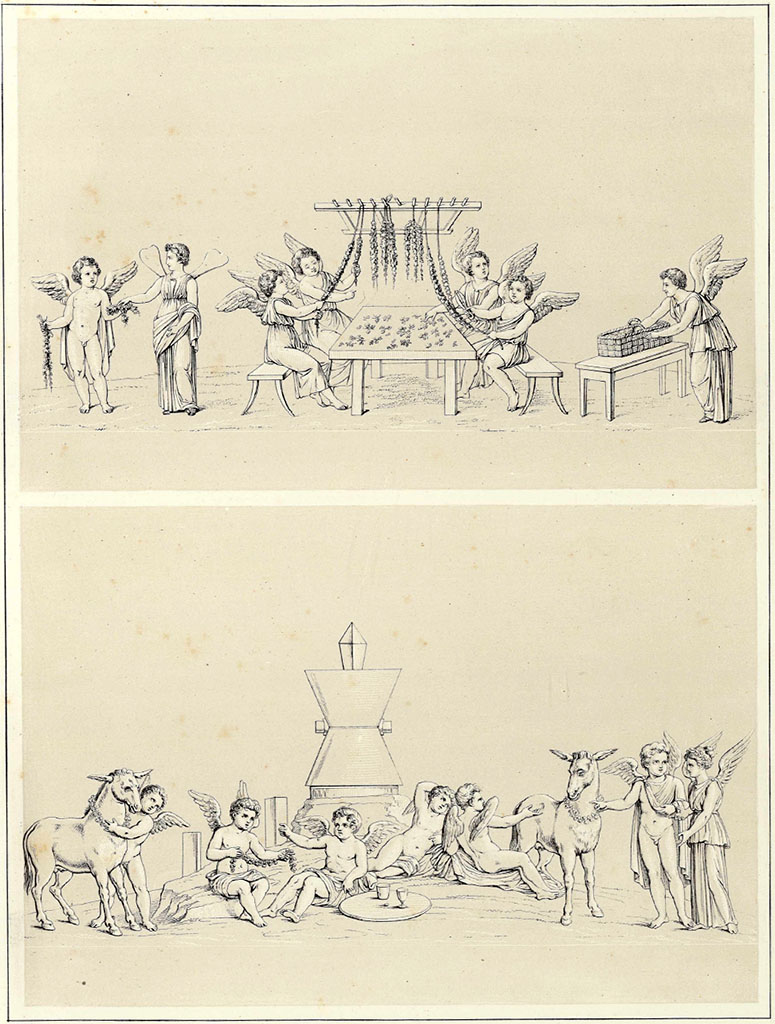 VII.9.7/8 Pompeii. Two drawings by Niccolini. See also the north entrance prothyron at VII.9.19.
According to Niccolini –
“This side (north side) was decorated by other paintings and architectural friezes, which now are entirely lost. 
The same applies to the walls that formed the north entrance of the building, decorated by various paintings and interesting decorations, of which now one can discern some meagre remains. However, since they were drawn as soon as they were discovered, and then published, we can offer a sufficient description of them.
In the painting that was located on the left (Helbig 777), we have the celebration of the Festival of Vestals, that was sacred to Vesta, represented by Cupids and Psyches. At the rear you have a mill: from the middle of the catillus a quadrangular rod came out finishing in a point, which was used to regulate the passage of the grain. Towards the front are various groups of Cupids.”  (p.12).
“In the painting that was located opposite (Helbig 800), Floralia was being celebrated, represented here by means of Cupids and Psyches. 
Sitting on a bench, and around a table, were two Psyches dressed in long tunics, and two Cupids, all of whom were intent on collecting the flowers that were on the table to make garlands.” (p.13).
See Niccolini F, 1854. Le case ed i monumenti di Pompei: Volume Primo. Napoli, Edificio Volgarmente detto Panteon, p. 12, 13, 15, Tav. IV.