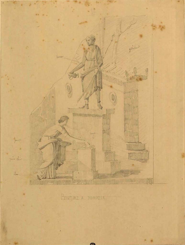 VII.9.7 and VII.9.8 Pompeii. Macellum? Pencil drawing by F. Duban, between 1823 and 1828 - Adoration of statue.
At the bottom is the title "Peinture a Pompeia".
See Duban F. Album de dessins d'architecture effectués par Félix Duban pendant son pensionnat à la Villa Medicis, entre 1823 et 1828: Tome 2, Pompéi, pl. 28.
INHA Identifiant numérique NUM PC 40425 (2)
https://bibliotheque-numerique.inha.fr/idurl/1/7157  « Licence Ouverte / Open Licence » Etalab
According to Guidobaldi and Esposito, this II style fragment of a Sacred Landscape was found in the Herculaneum area, 
Now in Naples Archaeological Museum, inventory number 9276. 
See Guidobaldi, M.P. and Esposito, D. (2013). Herculaneum, Art of the Buried City, Abbeville Press, USA, (p.127).