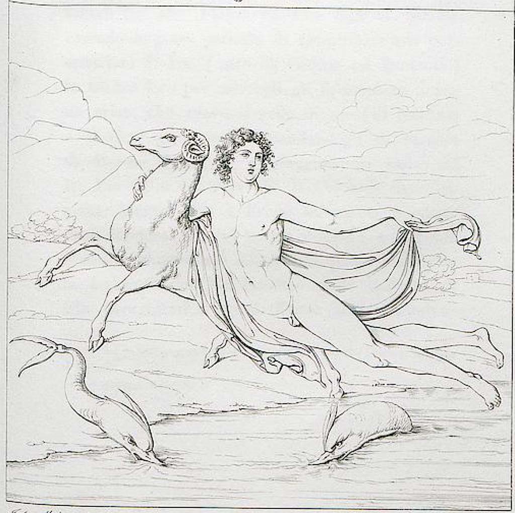 VII.9.7 and VII.9.8 Pompeii. Macellum. 1825. North wall in north-east corner drawing by Maldarelli showing wall painting of Phryxus on the ram with two dolphins.
This was seen at the centre of a panel painted black with a wide red border.
See Real Museo Borbonico II, 1825, Tav XIX.