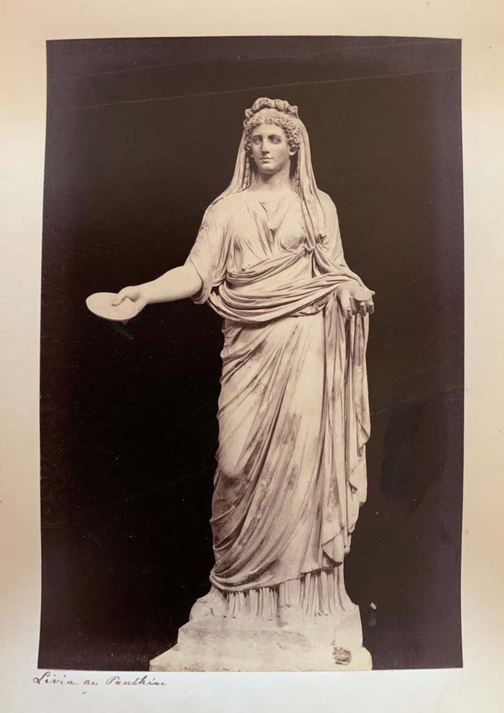 VII.9.7/8 Pompeii. Macellum. Photograph by M. Amodio, from an album dated April 1878.
Female statue described on photo as “Livia in Pantheon”. Photo courtesy of Rick Bauer.