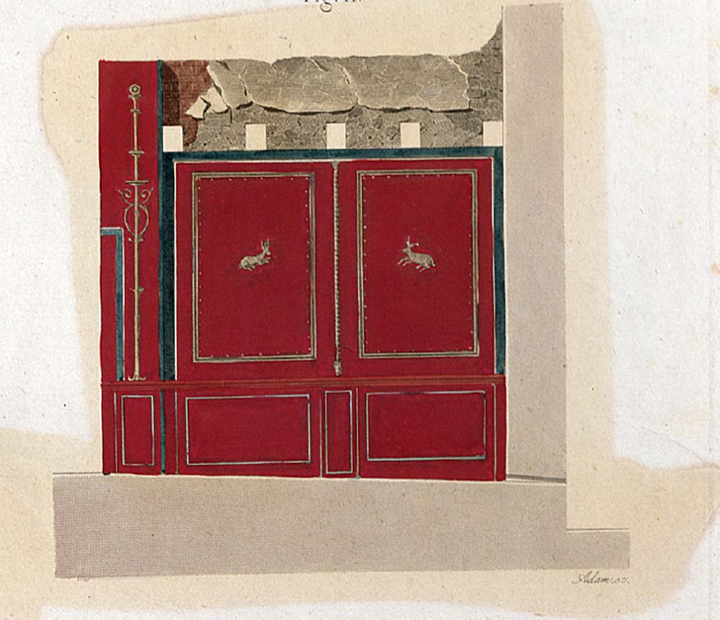 VII.9.42 Pompeii. 1829. Painting by Mazois of a wall of bottega on the south side of the edifice.
See Mazois, F., 1829. Les Ruines de Pompei : Troisième Partie. Paris : Didot Frères, pl. XLV.
See Carratelli, G. P., 1990-2003. Pompei: Pitture e Mosaici: Vol. VII. Roma: Istituto della enciclopedia italiana, p. 333.
