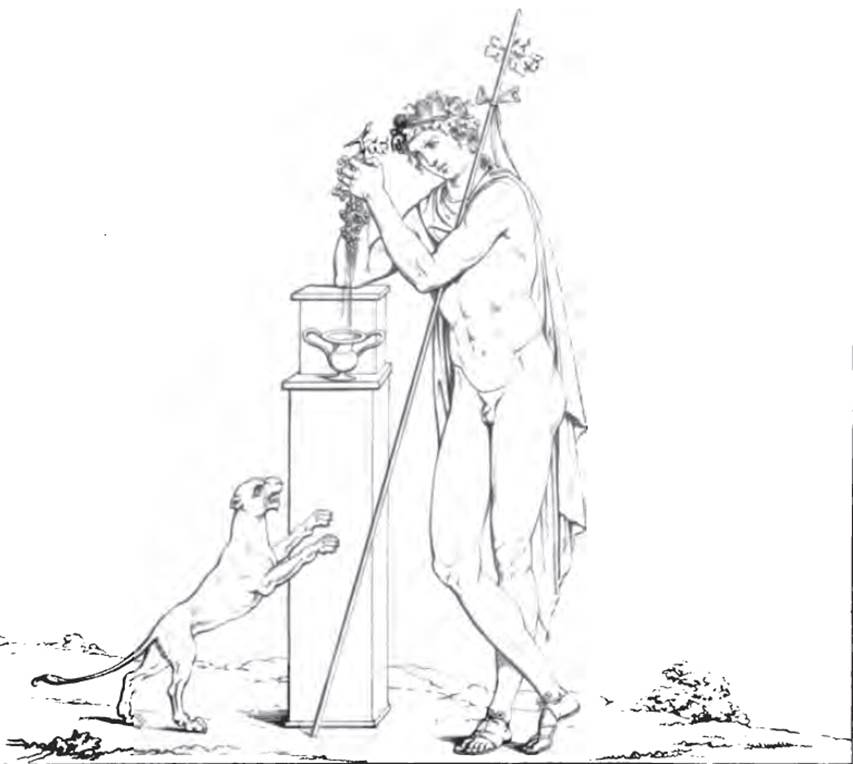 VII.9.30 Pompeii. Drawing of 1827 of painting on entrance doorway.
Bacchus is leaning upon a square pilaster and pressing the juice from a bunch of grapes into a kantharos.
The kantharos stands on the top of the square pilaster.  A panther is to the left of the pilaster.
See Real Museo Borbonico III, 1827, Tav. L (upper).
Kuivalainen comments –
“A young half-naked Bacchus, engaged in an activity rarely represented in Pompeian wall paintings.”
See Kuivalainen, I., 2021. The Portrayal of Pompeian Bacchus. Commentationes Humanarum Litterarum 140. Helsinki: Finnish Society of Sciences and Letters, p. 113-14, C12.