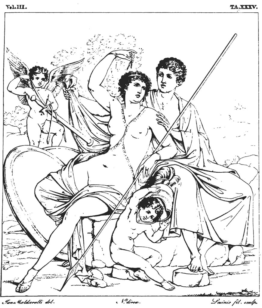 VII.9.47 Pompeii. Pre-1827 drawing by Maldarelli of painting of Mars and Venus.  
Room 6, west wall of tablinum, found 24th June 1820.
See Real Museo Borbonico Vol. III, 1827, Tav. XXXV.