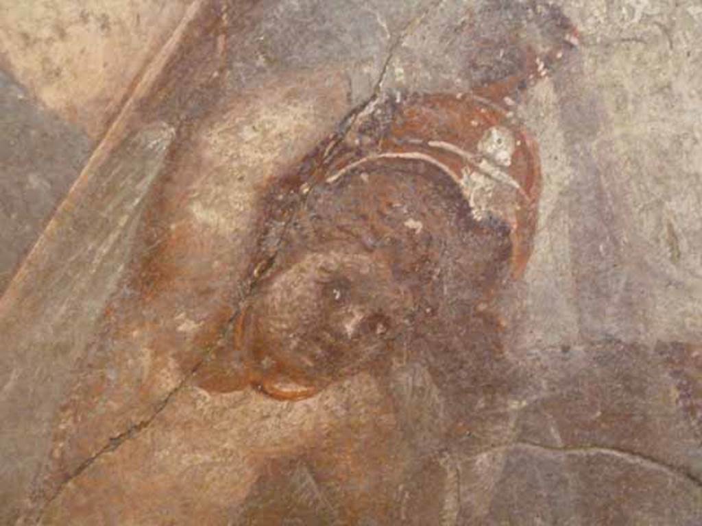 VII.9.47 Pompeii.  Room 6, west wall of tablinum.  Detail showing one of the cupids playing with the helmet of Mars. Now in Naples Archaeological Museum. Inventory number: 9248.