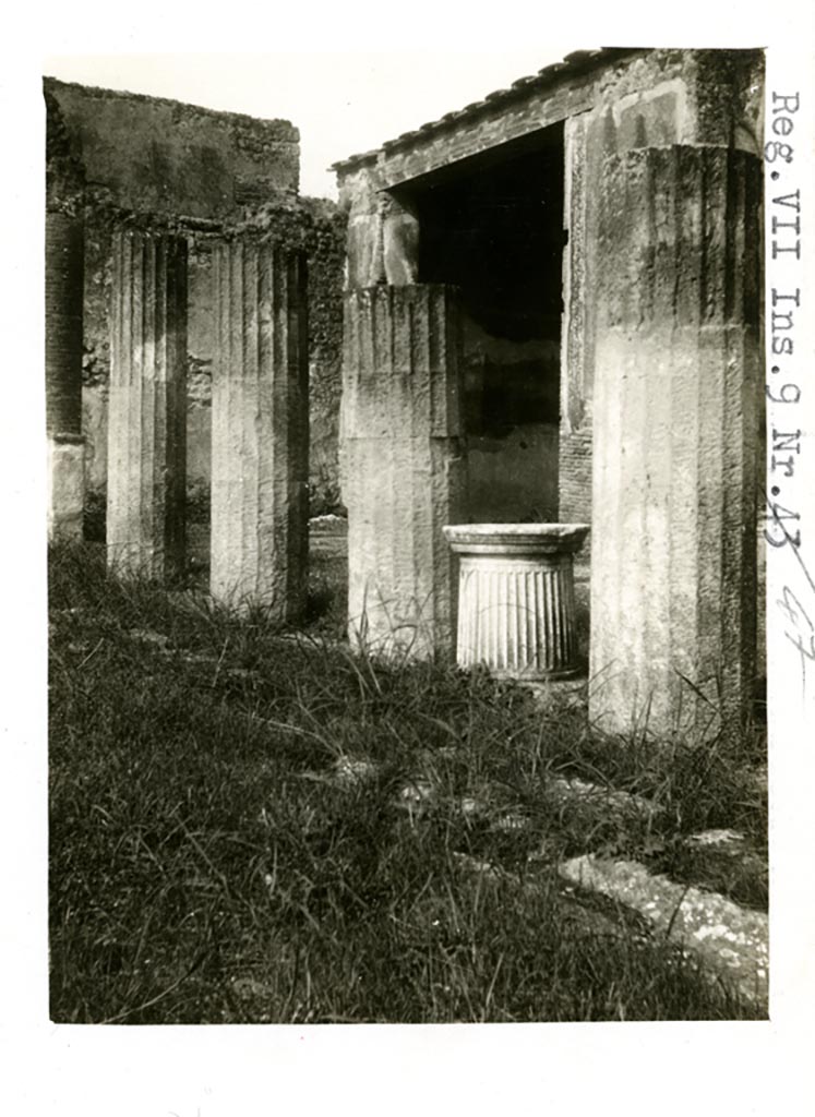 VII.9.47 Pompeii. Pre-1937-39. Looking north-west across garden area, towards room 11, oecus.
On the left, the altar built against the column in the north-west corner of the portico area, can just be seen. 
Photo courtesy of American Academy in Rome, Photographic Archive. Warsher collection no. 1459
See also Warscher, T. 1942. Catalogo illustrato degli affreschi del Museo Nazionale di Napoli. Sala LXXX. Vol.2. Rome, Swedish Institute.
