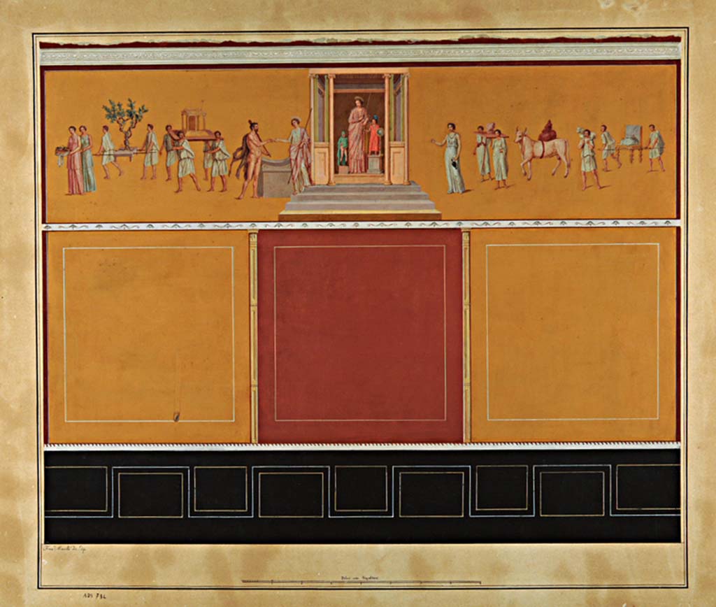 VII.9.47 Pompeii. First half of 19th century. Room 11. Oecus, north wall. 
Watercolour of the wall by F. Morelli with the painting of the wedding of Hercules before the Temple of Venus, shown on the upper frieze.
Now in Naples Archaeological Museum. Inventory number ADS734.
Photo © ICCD. https://www.catalogo.beniculturali.it
Utilizzabili alle condizioni della licenza Attribuzione - Non commerciale - Condividi allo stesso modo 2.5 Italia (CC BY-NC-SA 2.5 IT)