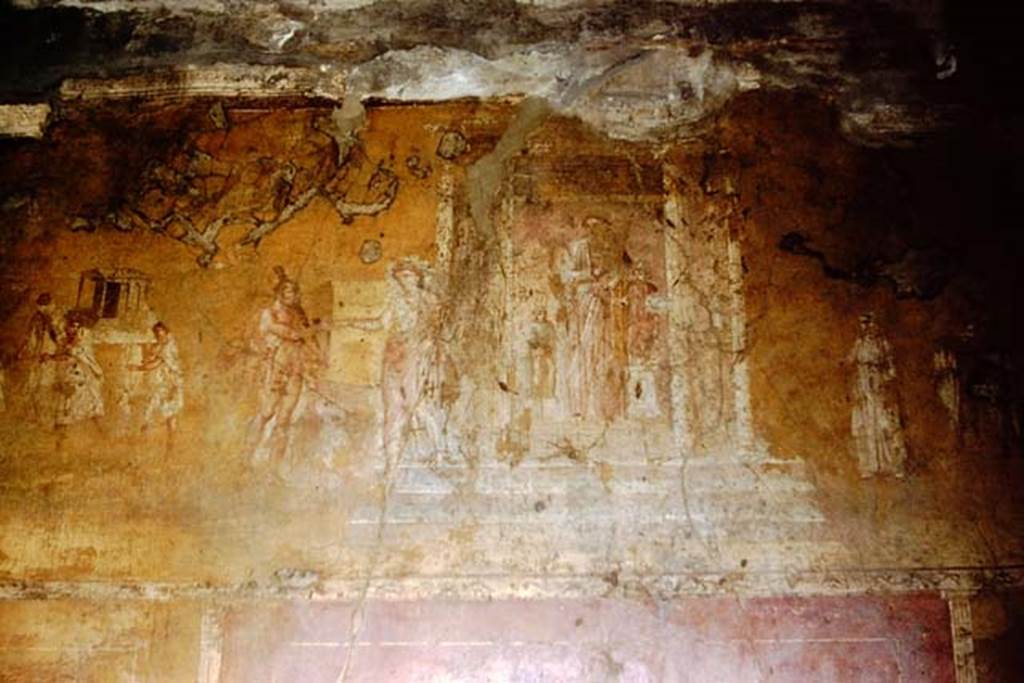 VII.9.47 Pompeii. 1961. Room 11. Oecus, north wall, frieze of the wedding of Hercules. Photo by Stanley A. Jashemski.
Source: The Wilhelmina and Stanley A. Jashemski archive in the University of Maryland Library, Special Collections (See collection page) and made available under the Creative Commons Attribution-Non Commercial License v.4. See Licence and use details.
J61f0650