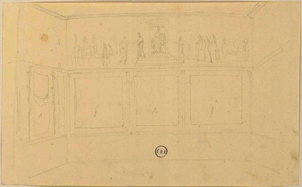 VII.9.47 Pompeii. Room 11. Oecus, looking towards north wall, and detail from west wall, on left.
See Lesueur, Jean-Baptiste Ciceron. Voyage en Italie de Jean-Baptiste Ciceron Lesueur (1794-1883), pl. 91.
See Book on INHA reference INHA NUM PC 15469 (04)  « Licence Ouverte / Open Licence » Etalab