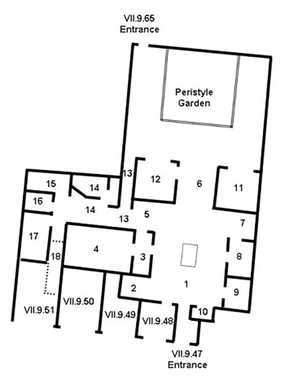 VII.9.47 plan VII.9.47 Pompeii. Casa di Marte e Venere or Casa delle Nozze di Ercole
House of Mars and Venus or House of the Wedding of Hercules
Room Plan