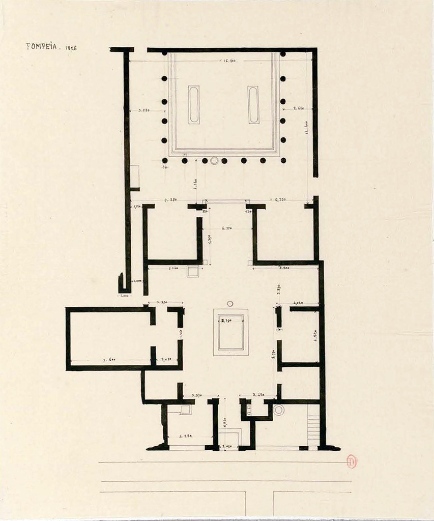 VII.9.47 Pompeii. 1826. Plan with measurements by P.A. Poirot, with entrance doorway, lower centre.
See Poirot, P. A., 1826. Carnets de dessins de Pierre-Achille Poirot. Tome 2 : Pompeia, pl. 54.
See Book on INHA  Document placé sous « Licence Ouverte / Open Licence » Etalab