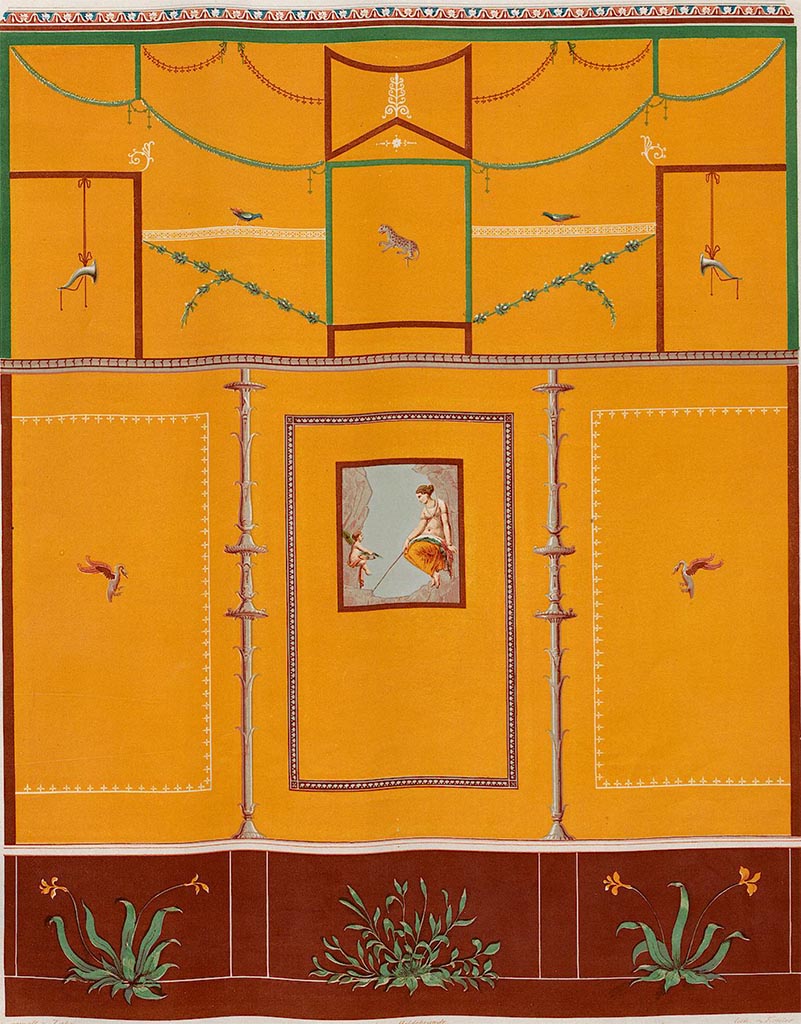 VII.9.63 Pompeii. 1842 painting of wall from the Casa delle Pescatrice. 
See Zahn, W., 1842. Die schönsten Ornamente und merkwürdigsten Gemälde aus Pompeji, Herkulanum und Stabiae: II. Berlin: Reimer. (Taf. 94).
According to PPM, these paintings were all found in the same room, probably one of the rooms around the peristyle area (see also VII.9.63).
See Pompei: Pitture e Mosaici, Vol. VII, Roma: Istituto della enciclopedia italiana, (p.380-383)