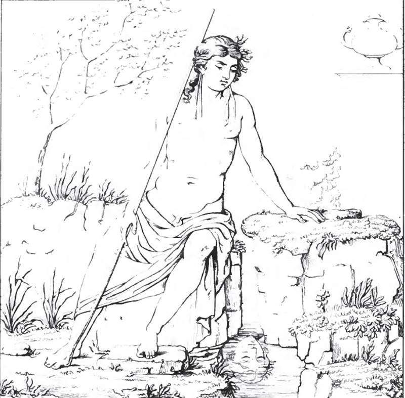 VII.9.63 Pompeii. 1840 drawing of Narcissus.
According to Breton, this house (linked with VII.9.60) was known as “the house of the fisherwoman” because of its painting of Venus fishing.
It was discovered between 1822 and 1823.
At the rear in a small room one could see three paintings – Europa on the bull, Narcissus, and Venus fishing.
The small room may have been one of the rooms from around the peristyle, in the linked house at VII.9.63.
See Roux, H., 1840. Herculanem et Pompei recueil general des Peintures, Bronzes, Mosaiques : Tome 3. Paris: Didot. (pl. 111)
