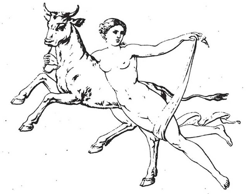 VII.9.63 Pompeii. 1827. Drawing of Europa on the bull, from a wall in the same room as the other paintings.
See Real Museo Borbonico III, 1827, Ta. XIX, (and Note regarding this drawing in VII.9.63).
See Reinach S., 1922. Répertoire de peintures grecques et romaines. Paris Leroux. (pl. 14,6).
See Zahn, W., 1828. Die schönsten Ornamente und merkwürdigsten Gemälde aus Pompeji, Herkulanum und Stabiae: I. Berlin: Reimer, (Taf. 38).