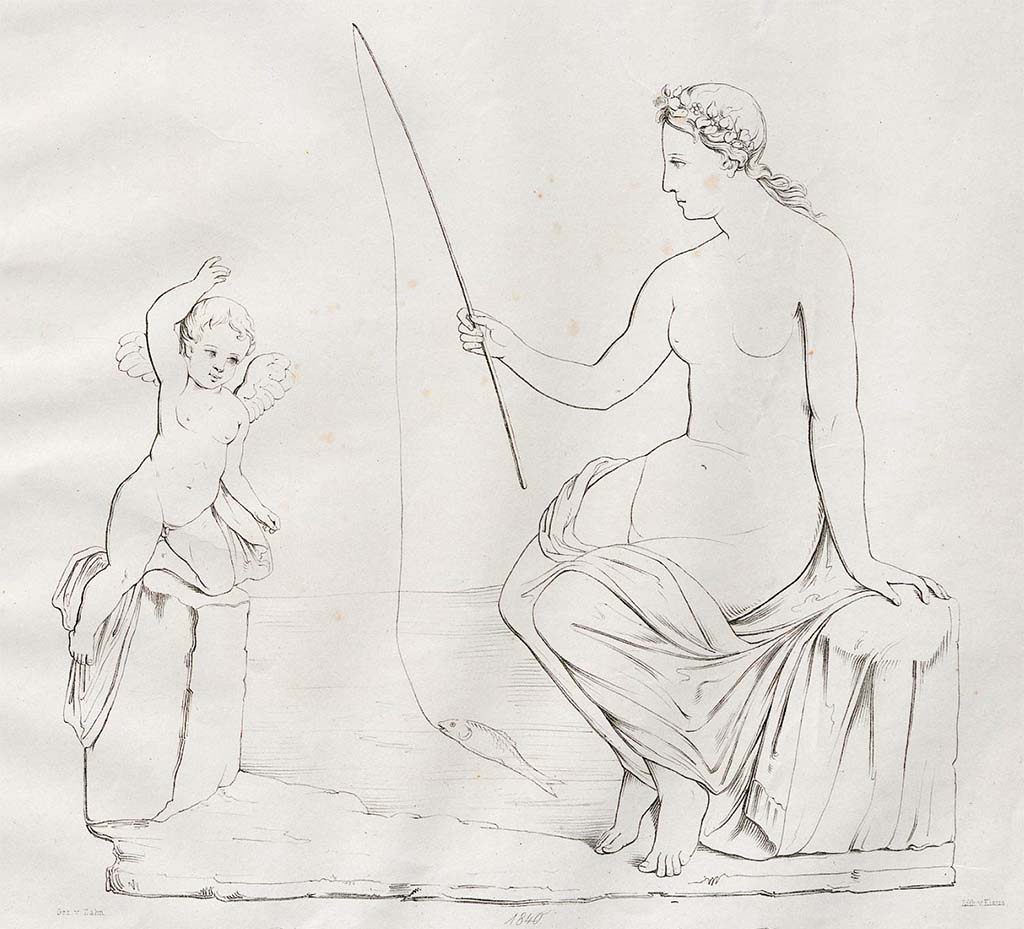 VII.9.63/60 Pompeii. 1840. Drawing of Venus Pescatrice, by Zahn.
See Zahn, W., 1852-59. Die schönsten Ornamente und merkwürdigsten Gemälde aus Pompeji, Herkulanum und Stabiae: III. Berlin: Reimer, taf. 55.