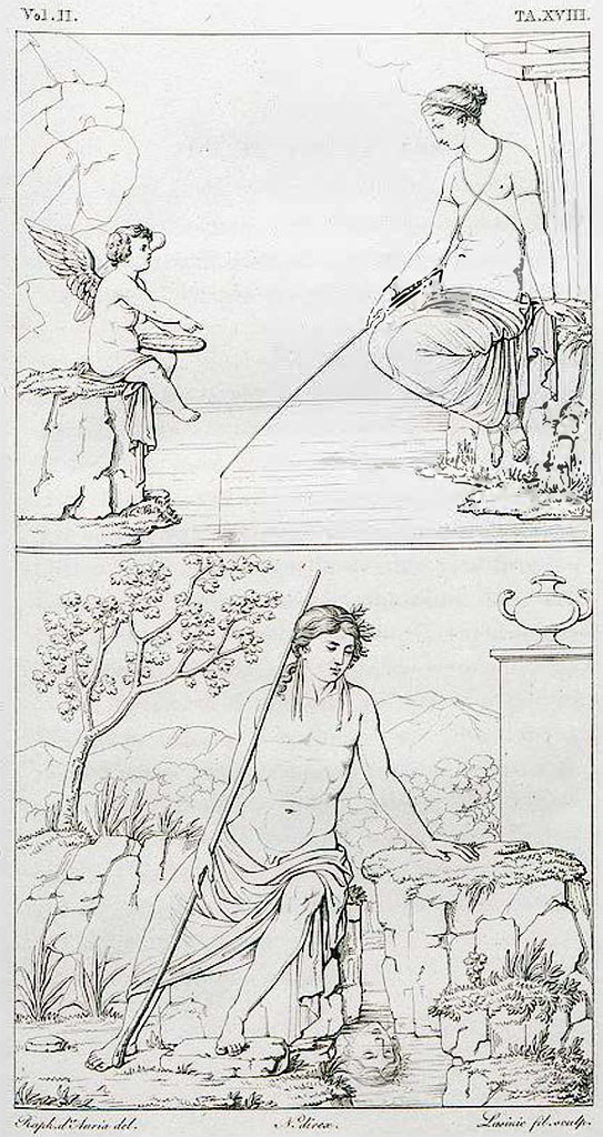 VII.9.63/60 Pompeii. Pre-1825. 
Drawing of painting of Venus Pescatrice and Narcissus, both from the same room in a house at the rear of Eumachia’s building.
See Real Museo Borbonico Vol. II, 1825, Tav. XVIII.