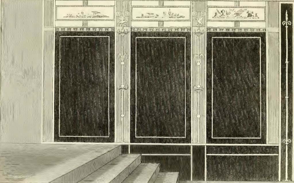 VII.9.67 Pompeii. Drawing by Gell of wall on east side of steps in Eumachia’s building (aka The Chalcidicum).
According to Gell and Gandy, the wall of the staircase is painted in black panels separated by red pilasters.
See Gell, W, and Gandy, J: Pompeiana. 1832, vol.1, (p.14)