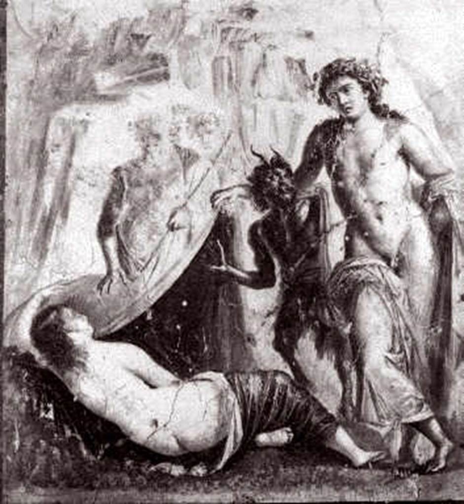 VII.10.3 Pompeii. Old photo of 1880. Room 7, tablinum, centre of south wall. Wall painting of Dionysus finding Ariadne. 
Now in Naples Archaeological Museum. Inventory number 111484.
See Schefold, K., 1962. Vergessenes Pompeji. Bern: Francke. (p.142,166 and photo 167,2).
Kuivalainen describes –
“A composition of six figures. In the left foreground a sleeping female callipyge is reclining on a green pillow to the left. A tall youth on the right stands with his weight on his left leg; his purple cloak covers his right thigh, goes round his waist and up to his left forearm; his brownish curly hair is decorated with a wreath; he looks down at the female intensively, lifting her yellow cloak with a red lining with his right hand. On his right side stands a small faun with hoofs, wearing a loincloth; his hair is short and curly with long horns pointing backwards; he points with his hand at the sleeping woman and watches the youth, Behind, on the left, stands Silenus wearing a red cloak, and holding a stick or a thyrsus in his left hand. Behind him are the heads of two more figures. In the upper background a rocky seascape with a ship in full sail.”
Kuivalainen comments -
“A tight composition on the seashore, with a limited amount of companions, and now without Hypnus.”
See Kuivalainen, I., 2021. The Portrayal of Pompeian Bacchus. Commentationes Humanarum Litterarum 140. Helsinki: Finnish Society of Sciences and Letters, p.150, E12.