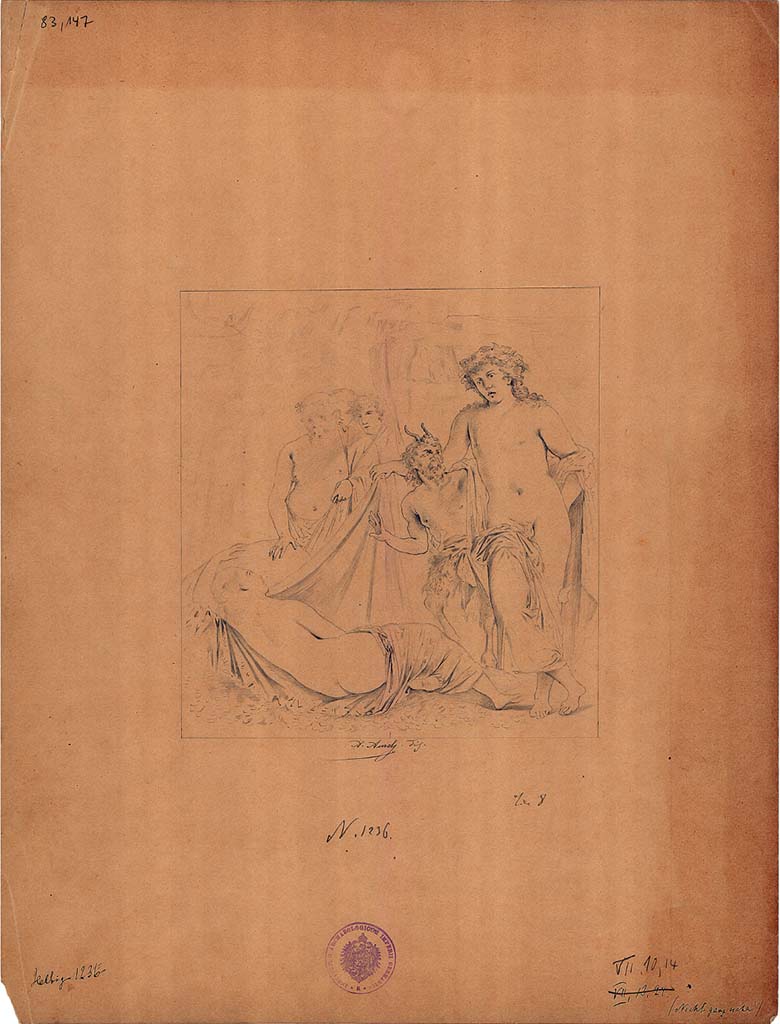 VII.10.3 Pompeii but described as from VII.10.14. Room 7, tablinum.
Drawing by A. Aurelj of painting from centre of south wall showing Dionysius finding Ariadne.
DAIR 83.147. Photo © Deutsches Archäologisches Institut, Abteilung Rom, Arkiv.