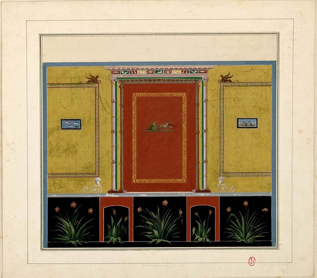 VII.10.3 Pompeii. Room 12, wall of room as painted by Charles-Auguste Questel, between 1831 and 1832. 
See Charles-Auguste Questel (1807-1888) Voyage en Italie et Sicile. Août 1831 - novembre 1832, pl. 110/120.
INHA identifiant numérique : NUM MS 512. Document placé sous « Licence Ouverte / Open Licence » Etalab