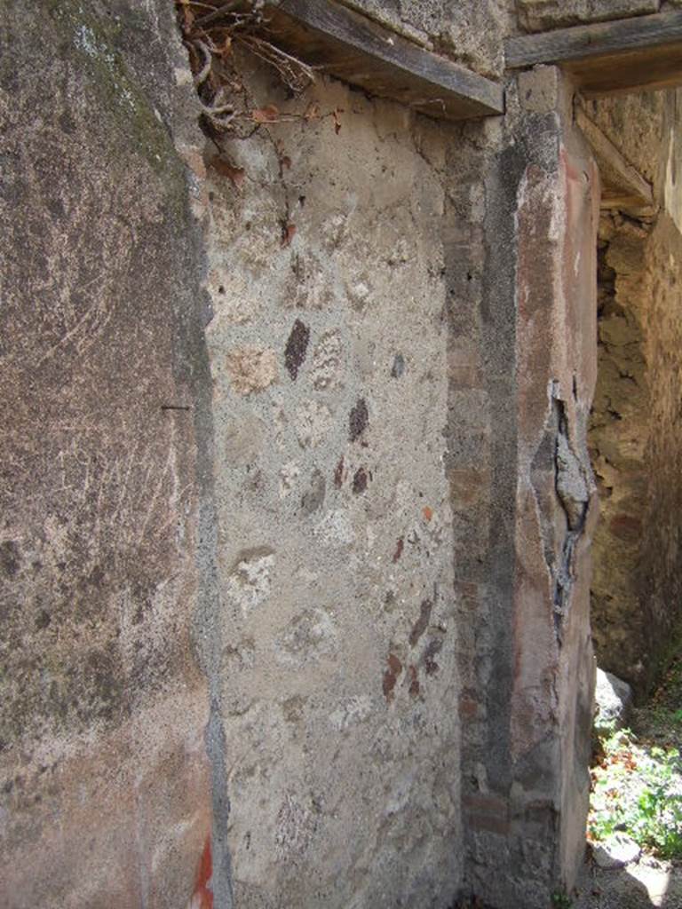 VII.10.3 Pompeii. December 2005. Garden 13, south-west corner of peristyle, with blocked doorway leading to VII.10.14. According to Jashemski, steps led from the peristyle to a large garden, which was excavated in 1863, with a separate entrance at number 14.
See Jashemski, W. F., 1993. The Gardens of Pompeii, Volume II: Appendices. New York: Caratzas. (p.191)
According to Amoroso, on the south-west side of the peristyle was the possible entrance to the large garden (see VII.10.14), which was characterised by the presence of a basin covered in cocciopesto (opus signinum) towards the extreme north-west corner, and with a lararium with an altar in front, in the south-east corner. 
Studi della Soprintendenza archeologica di Pompei, 22: l”Insula VII, 10 di Pompei, by Angelo Amoroso, (p.29) 
The doorway from the peristyle to corridor 8 leading to the atrium, can be seen on the right above. A doorway to room 17 is on the left in the corridor, after the blocked doorway. According to Fiorelli, this doorway led to wooden stairs that would have gone up to the upper rooms.
See Pappalardo, U., 2001. La Descrizione di Pompei per Giuseppe Fiorelli (1875). Napoli: Massa Editore. (p.108)
According to Amoroso, room 17 was possibly a small storeroom with a window in its east wall, which took light from the garden area. It had two doorways, one north into the corridor that can be seen above, on the right. The other doorway led west into another corridor leading south into the kitchen area. On the south side of the kitchen area was the access to Vicolo degli Scheletri. On the west of the kitchen was another room, room 22, which was possibly another small storeroom . 
Studi della Soprintendenza archeologica di Pompei, 22: l”Insula VII, 10 di Pompei, by Angelo Amoroso, (p.55)