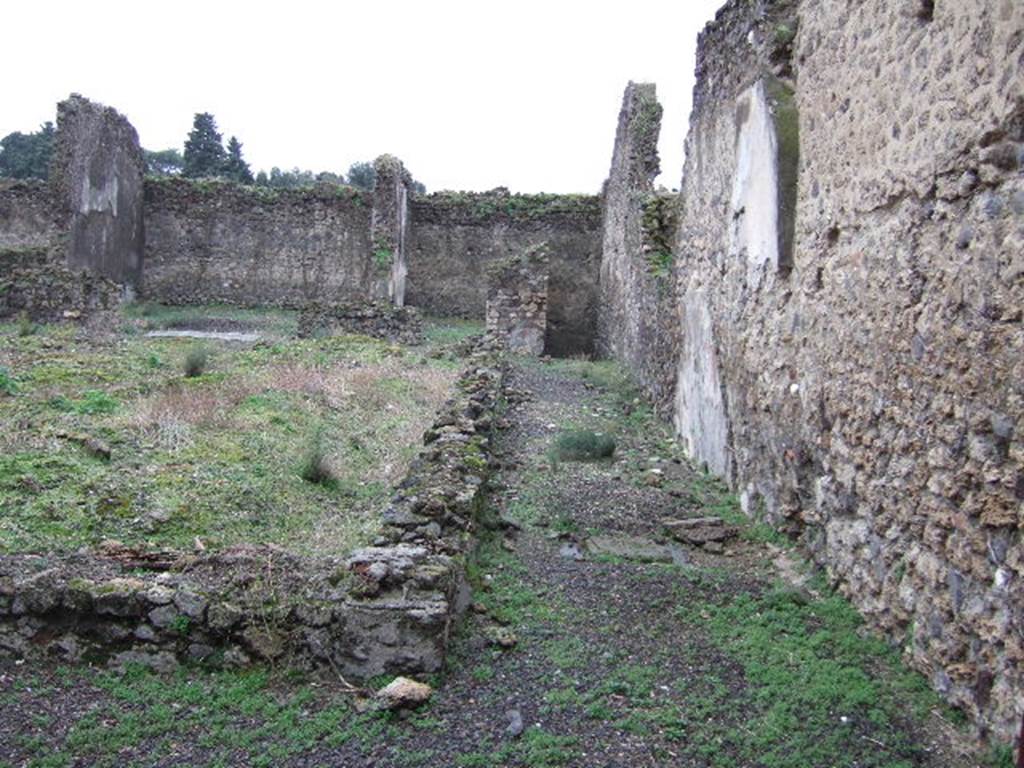 VII.11.6 Pompeii. December 2005. Garden area looking south along west wall towards corridor.