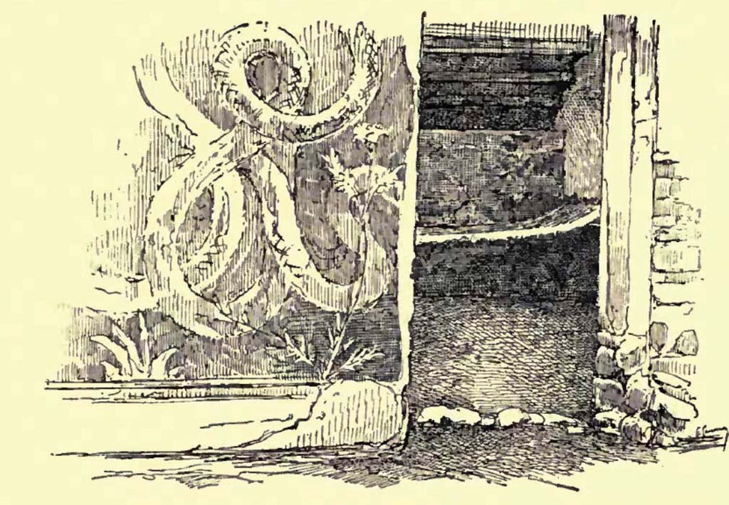 VII.11.12 Pompeii. c.1900.  Looking towards entrance doorway to cella meretricia.  
On the left, south side, is part of the street shrine painted on the wall.
See Gusman, P. (1900). Pompei, the city, its life and art. (p.228)