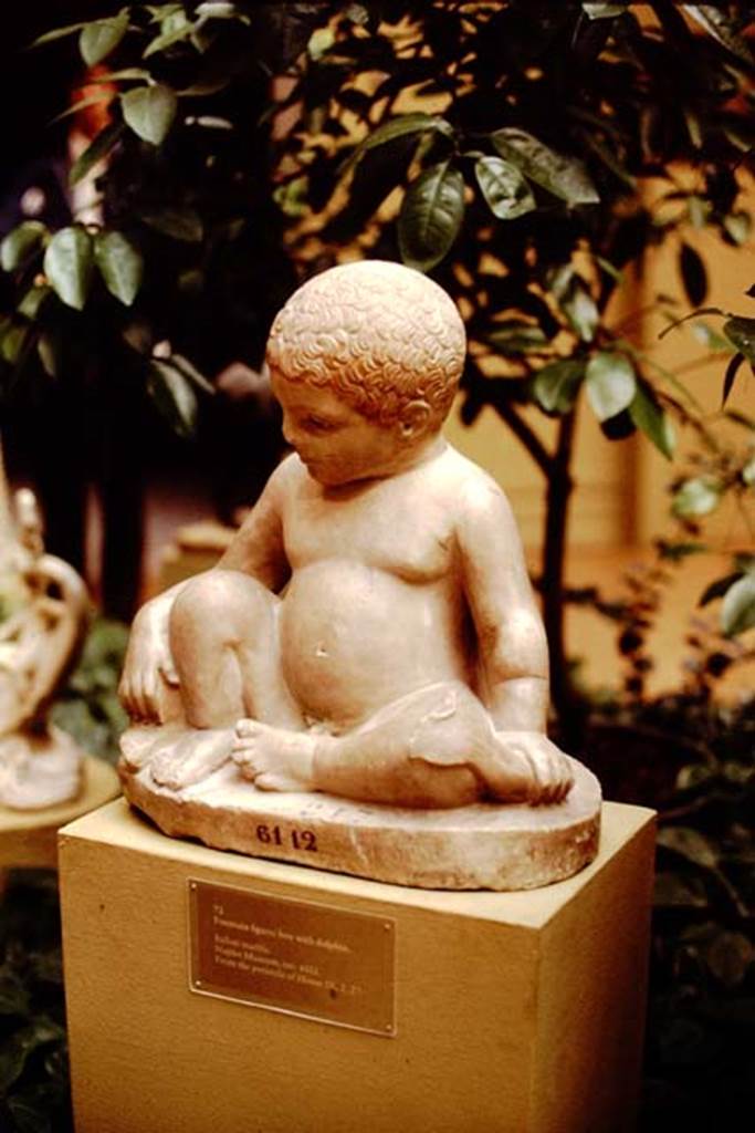 VII.12.3 Pompeii, 1978. 
Marble fountain statuette of a nude boy, seated on the ground, and grasping the head and tail of a dolphin, (0.40m high).
This was found on 1st April 1863 in the peristyle.
Now in Naples Archaeological Museum, inventory number 6112. 
Photo by Stanley A. Jashemski.   
Source: The Wilhelmina and Stanley A. Jashemski archive in the University of Maryland Library, Special Collections (See collection page) and made available under the Creative Commons Attribution-Non Commercial License v.4. See Licence and use details.
J78f0031
According to Wilhelmina, in the catalogue of Pompeii 79, no.89, (ed. By Ward-Perkins and Claridge), the provenance of this statuette is given as IX.2.27.
See Jashemski, W. F., 1993. The Gardens of Pompeii, Volume II: Appendices. New York: Caratzas. (p.193)
For further information,
See Marmora Pompeiana nel Museo  Archeologico Nazionale di Napoli/Stdui della Soprintendenza archeologica diPompei, No.26. (C22, on p.133).