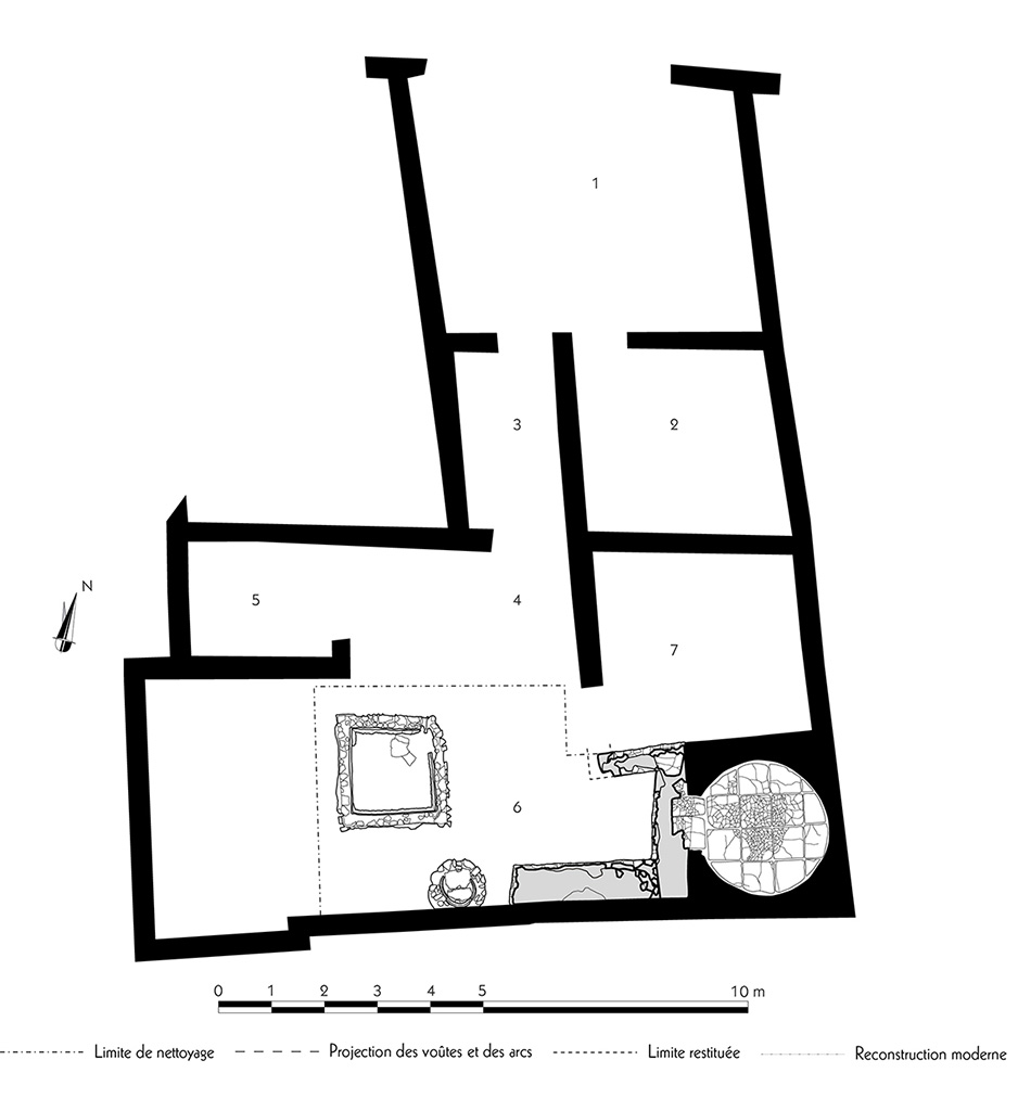Fig. 41 – Pompéi, boulangerie VII 12, 7 – Relevé de l’ensemble de la boulangerie.
Échelle : 1/100.
Relevé / dessin : F. Fouriaux / A. Watel / S. Mencarelli – EFR.