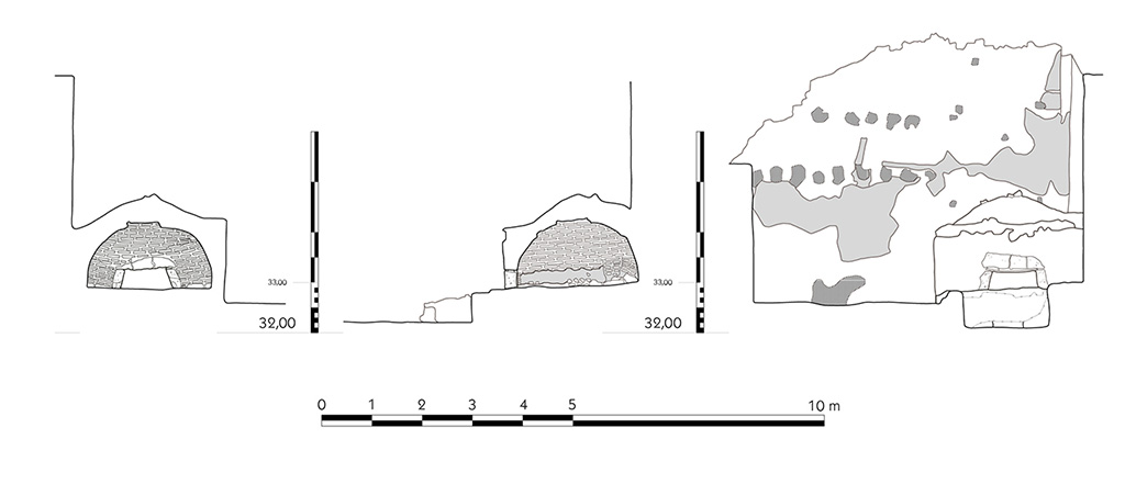 Fig. 42 – Pompéi, boulangerie VII 12, 7 – Coupe transversale, coupe longitudinale et élévation du four.
Échelle : 1/100.
Relevé / dessin : F. Fouriaux / S. Mencarelli – EFR.