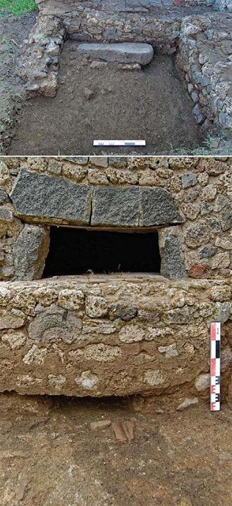 Fig. 43 – Pompéi, boulangerie VII 12, 7 – L’autel (/table) du four en cours de dégagement.
En haut, le bloc d’autel a été abandonné sur place malgré les restaurations effectuées qui ont bouché la niche (en bas ; vues de l’ouest).
Cliché : A. Watel – EFR.