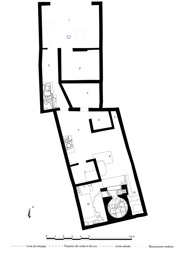 Fig. 48 – Pompéi, boulangerie VII 12, 11 – Relevé de l’ensemble de la boulangerie.
Échelle : 1/100.
Relevé / dessin : F. Fouriaux / S. Aho / S. Mencarelli – EFR.