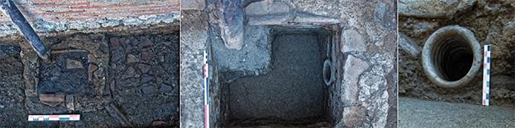 Fig. 57 – Pompéi, boulangerie VII 2, 11 – Bassin de réception des eaux météoriques en cours de nettoyage (à g.) et à l’achèvement de celui-ci (au centre ; vues de l’est). 
À droite, détail de la canalisation d’évacuation (vue du nord).
Clichés : S. Aho – EFR.