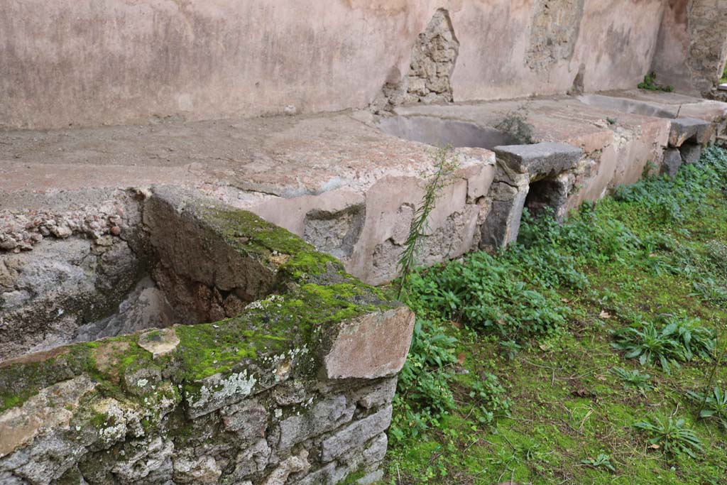 VII.12.17, Pompeii. December 2018. 
Looking west across south side, with two round basins set into podium. Photo courtesy of Aude Durand.