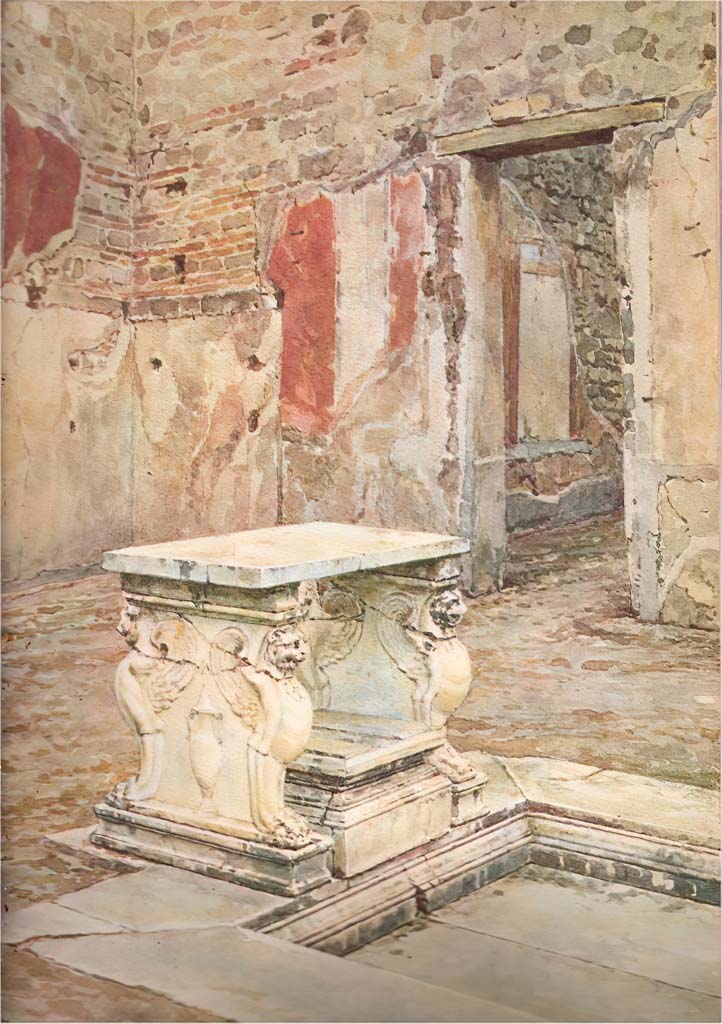 VII.12.21 Pompeii. Undated watercolour by Bazzani. Looking north-east across impluvium in atrium. 
Painting by Luigi Bazzani, of a “House with impluvium and marble table in Pompeii”.
In her guidebook, Warsher incorrectly attributes a picture of this table to VII.12.23.
See Warsher, Tatiana (1930). Pompeii. Rome, (p. 24, fig. 5).