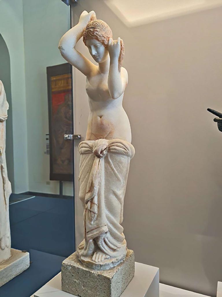 VII.12.23 Pompeii. October 2023. 
Marble statue of Venus wringing out her hair. Photo courtesy of Giuseppe Ciaramella. 
Now in Naples Archaeological Museum, inventory number 6292.
On display in “L’altra MANN” exhibition, October 2023, at Naples Archaeological Museum.