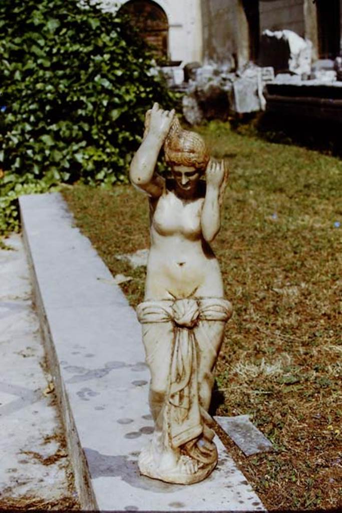 VII.12.23 Pompeii. 1971. Venus, standing half-draped arranging her hair.  Found in a niche on the north wall on 10th April 1863. Photo by Stanley A. Jashemski.
Source: The Wilhelmina and Stanley A. Jashemski archive in the University of Maryland Library, Special Collections (See collection page) and made available under the Creative Commons Attribution-Non Commercial License v.4. See Licence and use details. J71f0287
Now in Naples Archaeological Museum, inventory number 6292.
See Carrella, A, D’Acunto L.A, Inserra, N e Serpe, C:: Marmora Pompeiana nel Museo Archeologico Nazionale di Napoli, (p.134-5, C23, Venere Anadyomene), in Studi della Soprintendenza archeologica di Pompei, 26.