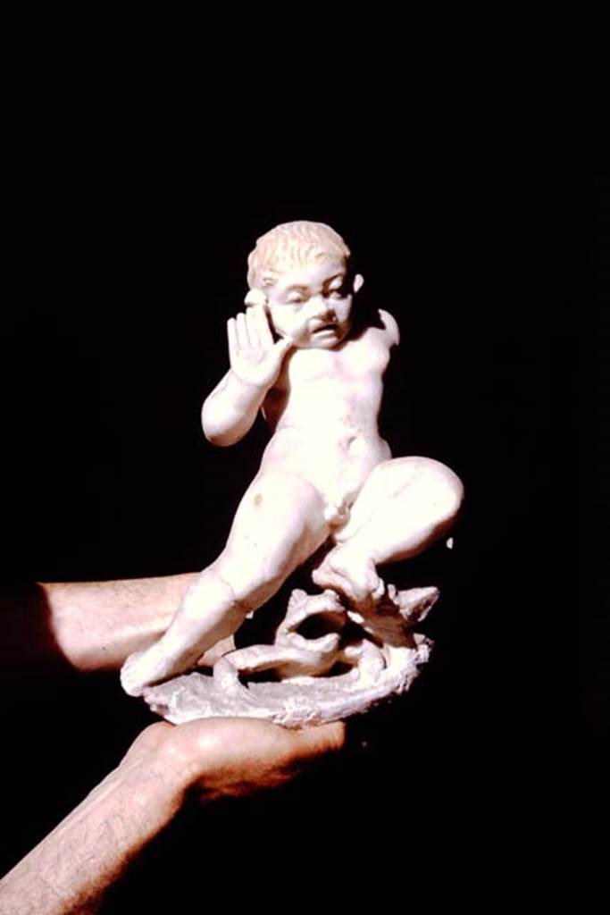 VII.12.23 Pompeii. 1964. White marble statuette of a satyr-child sitting on a rock, and frightened by the large frog at his feet (0.29m high). Found in the garden but exact position unknown, now in Naples Archaeological Museum, inventory number 6537.
Photo by Stanley A. Jashemski.
Source: The Wilhelmina and Stanley A. Jashemski archive in the University of Maryland Library, Special Collections (See collection page) and made available under the Creative Commons Attribution-Non Commercial License v.4. See Licence and use details. J64f1772