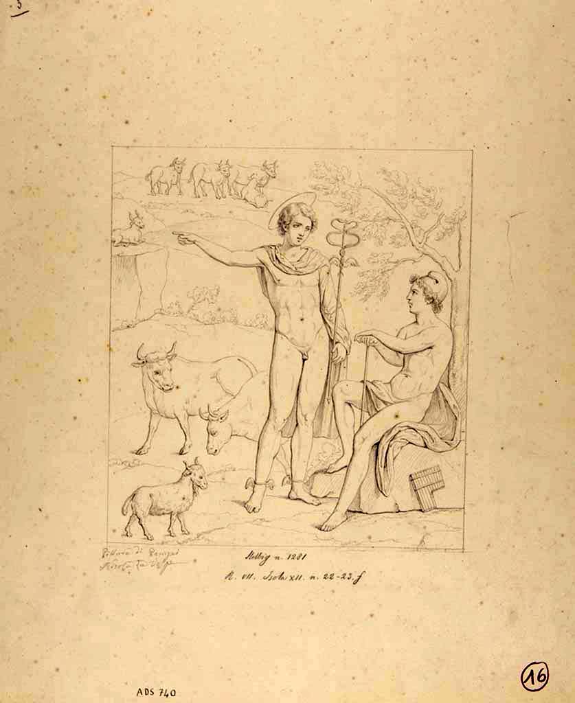 VII.12.23 Pompeii. Room to west of garden, north wall, west end.
Drawing by N. La Volpe of painting of Paris being informed of the arrival of the three goddesses by Hermes. 
See Helbig, W., 1868. Wandgemälde der vom Vesuv verschütteten Städte Campaniens. Leipzig: Breitkopf und Härtel, (1281).
Now in Naples Archaeological Museum. Inventory number ADS 740. 
Photo © ICCD. http://www.catalogo.beniculturali.it
Utilizzabili alle condizioni della licenza Attribuzione - Non commerciale - Condividi allo stesso modo 2.5 Italia (CC BY-NC-SA 2.5 IT)