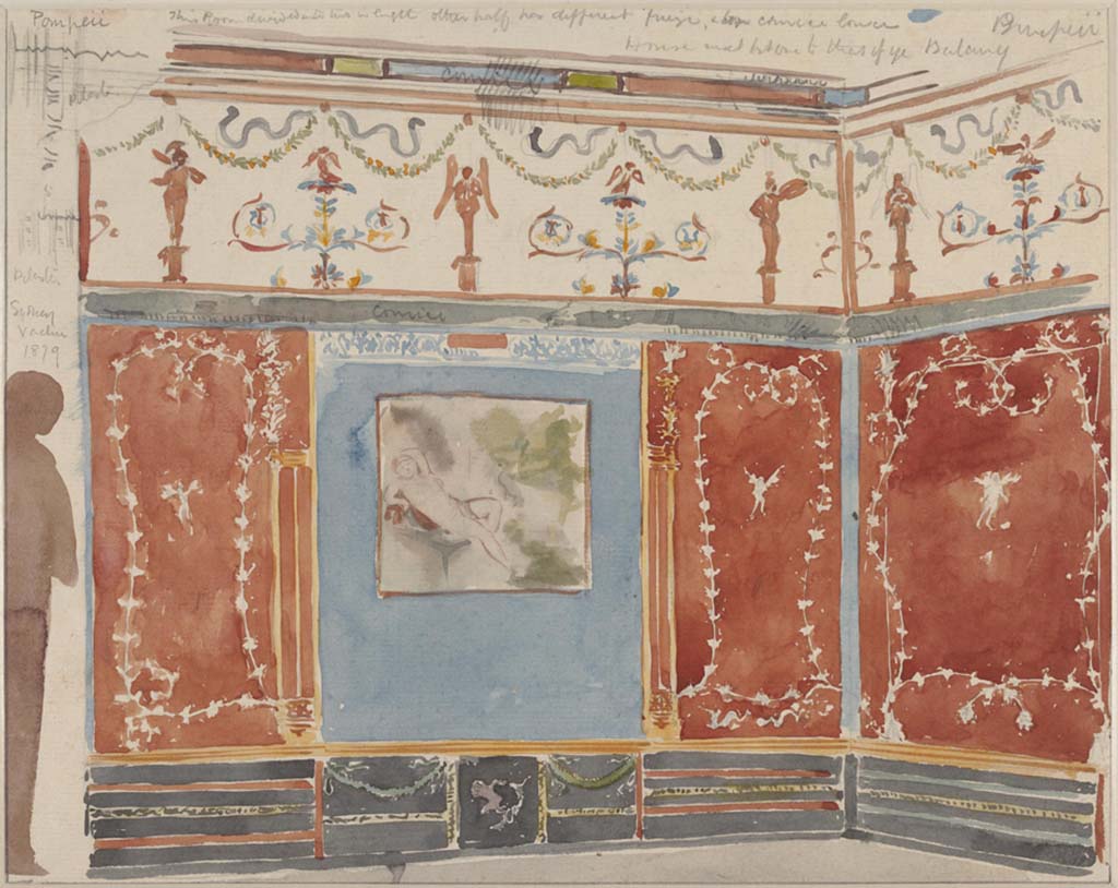 VII.12.23 Pompeii. c.1879. Painting by Sydney Vacher.
Room to west of garden area, east end of north wall, north-east corner, and east wall which would have had a window into the garden area.
The central painting at the east end of the north wall would have probably showed Ganimede and the eagle (H.156), already in a bad state of conservation in the last century. 
Written on the painting are the words “This room is divided into two in length, other half has different frieze, and top cornice lower.”
Photo © Victoria and Albert Museum, inventory number E.4402-1910.