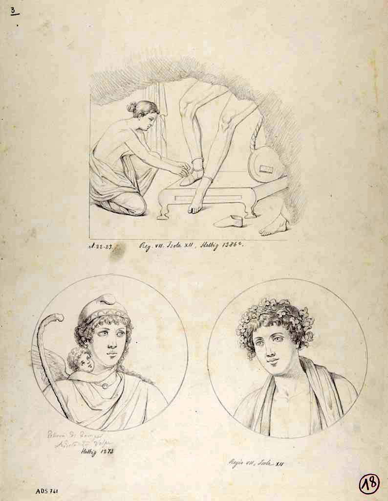 VII.12.23 Pompeii. Drawing by Nicola La Volpe, of paintings from the walls of the triclinium. None of these now survive.
The central painting on the north wall would have been the fragment of the Dressing of Paris (Helbig 1386c).
The medallions would have shown Paris and a cupid (Helbig 1273) and a head of a young person crowned with ivy (Helbig 1524).
The medallions would have been seen in the side panels of the side wall of the triclinium.
See Helbig, W., 1868. Wandgemälde der vom Vesuv verschütteten Städte Campaniens. Leipzig: Breitkopf und Härtel, (nos. 1273 and 1524)
Now in Naples Archaeological Museum. Inventory number ADS 741.
Photo © ICCD. http://www.catalogo.beniculturali.it
Utilizzabili alle condizioni della licenza Attribuzione - Non commerciale - Condividi allo stesso modo 2.5 Italia (CC BY-NC-SA 2.5 IT)