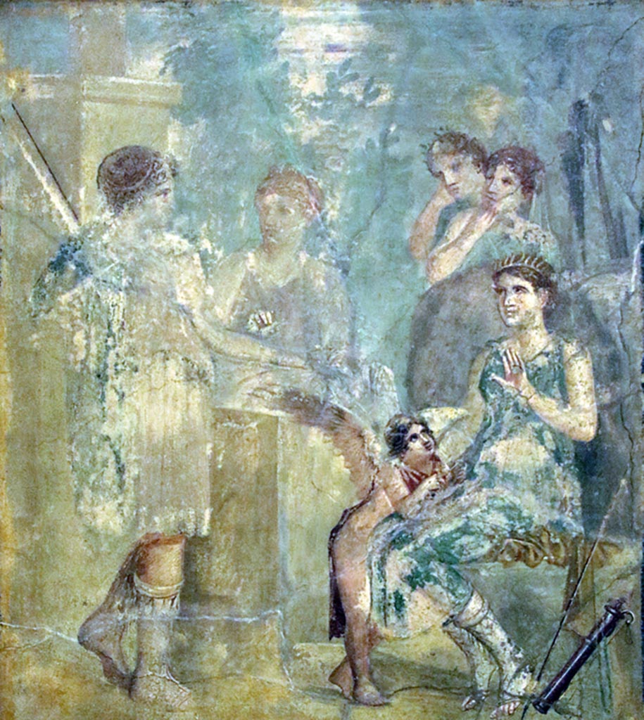 VII.12.26 Pompeii. Found on west wall in triclinium room on left hand side behind atrium.
Wall painting of Artemis, seated, turning towards the nymph Callisto.
Now in Naples Archaeological Museum. Inventory number 111441. 
Photo courtesy of Giuseppe Ciaramella taken December 2019.