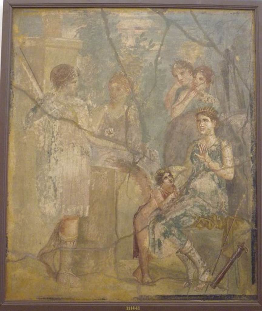 VII.12.26 Pompeii. Found in room on left hand side behind atrium.
Wall painting of Artemis, seated, turning towards the nymph Callisto.
Now in Naples Archaeological Museum. Inventory number 111441.
See Helbig, W., 1868. Wandgemälde der vom Vesuv verschütteten Städte Campaniens. Leipzig: Breitkopf und Härtel. (253).
According to Richardson, he thought this may have been a painting of Aeneas and Dido?  He wrote that a wall painting of Theseus abandoning Ariadne was also found in this room. Also found was a Tondo (medallions) with head of a Satyr, and Tondi with busts. See Richardson, L., 2000. A Catalog of Identifiable Figure Painters of Ancient Pompeii, Herculaneum. Baltimore: John Hopkins. (p.146)