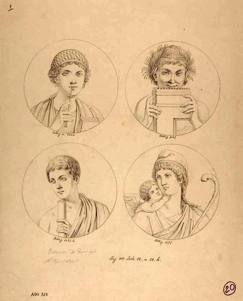 VII.12.26 Pompeii. Drawing by Nicola La Volpe of painted medallions found as wall decorations in triclinium.
All remained in situ and are all now faded and destroyed. 
Top left – Head of a young girl with stylus, from west end of north wall, (Helbig 1423)
Top right - Satyr playing the pipes, from north end of east wall, (Helbig 423)
Below left – Head of a young man with a scroll, from east end of north wall, (Helbig 1420b).
Below right - Paris and cupid, from south end of east wall. (Helbig 1275)
See Helbig, W., 1868. Wandgemälde der vom Vesuv verschütteten Städte Campaniens. Leipzig: Breitkopf und Härtel.
Now in Naples Archaeological Museum. Inventory number ADS 745.
Photo © ICCD. http://www.catalogo.beniculturali.it
Utilizzabili alle condizioni della licenza Attribuzione - Non commerciale - Condividi allo stesso modo 2.5 Italia (CC BY-NC-SA 2.5 IT)