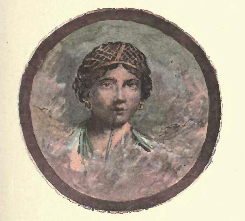 VII.12.26 Pompeii. Triclinium, painting by Pierre Gusman showing the head of a young girl with stylus.
This would have been seen on the west end of the north wall.
See Gusman, P. (1900). Pompei, the city, its life and art. London, William Heinemann. (pl.6).