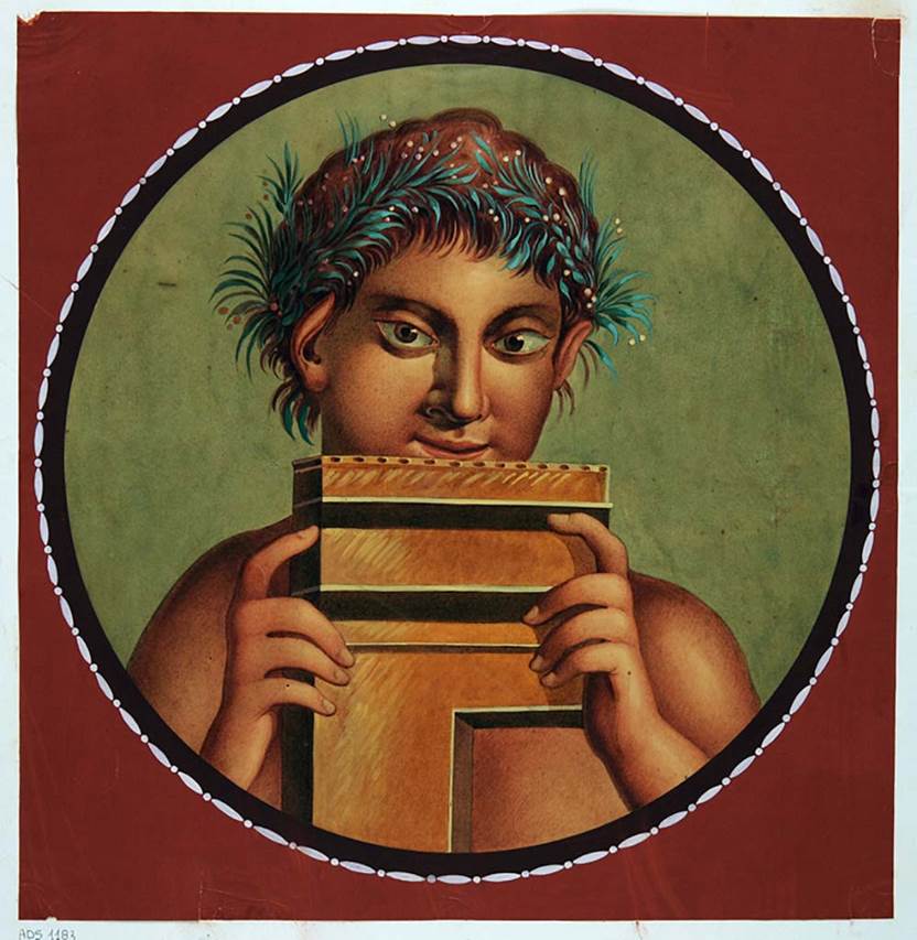 VII.12.26 Pompeii. Anonymous painting of medallion of Satyr playing the pipes.
Now in Naples Archaeological Museum. Inventory number ADS 1183.
Photo © ICCD. http://www.catalogo.beniculturali.it
Utilizzabili alle condizioni della licenza Attribuzione - Non commerciale - Condividi allo stesso modo 2.5 Italia (CC BY-NC-SA 2.5 IT)
