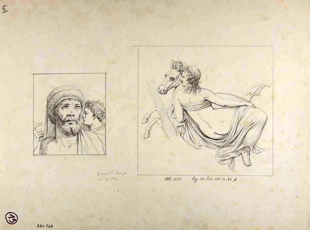 VII.12.26 Pompeii. Drawing by Nicola La Volpe, of paintings from the walls of the room on the east side of the entrance corridor.
On the left is a painting of the heads of Hercules and Omphale (Helbig 1135) and on the right is a painting of a Nereid on a sea-horse (Helbig 1032).
Left in situ, these are now completely destroyed. 
See Helbig, W., 1868. Wandgemälde der vom Vesuv verschütteten Städte Campaniens. Leipzig: Breitkopf und Härtel.
Now in Naples Archaeological Museum. Inventory number ADS 746.
Photo © ICCD. http://www.catalogo.beniculturali.it
Utilizzabili alle condizioni della licenza Attribuzione - Non commerciale - Condividi allo stesso modo 2.5 Italia (CC BY-NC-SA 2.5 IT)