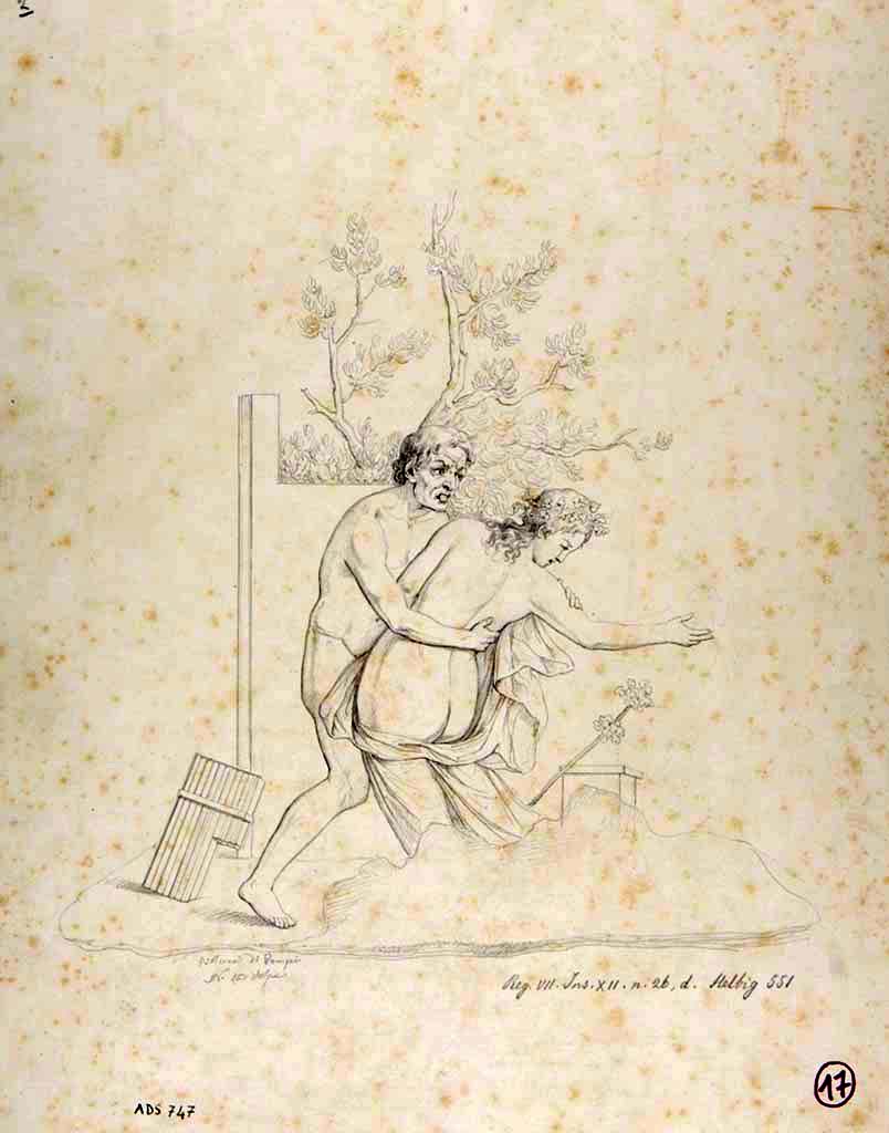 VII.12.26 Pompeii. Drawing by Nicola La Volpe, of a painting of Satyr and Maenad from the walls of the room on the east side of the entrance corridor.
Now faded and lost.
See Helbig, W., 1868. Wandgemälde der vom Vesuv verschütteten Städte Campaniens. Leipzig: Breitkopf und Härtel, (551).
Now in Naples Archaeological Museum. Inventory number ADS 747.
Photo © ICCD. http://www.catalogo.beniculturali.it
Utilizzabili alle condizioni della licenza Attribuzione - Non commerciale - Condividi allo stesso modo 2.5 Italia (CC BY-NC-SA 2.5 IT)