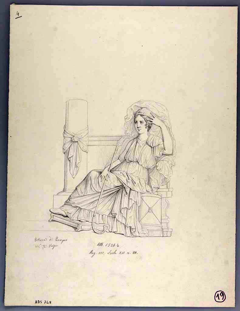 VII.12.26 Pompeii. Drawing by Nicola La Volpe, of a painting of a female figure with crook and box, from the walls of the room on the east side of the entrance corridor.
According to Helbig this may have shown “the lady of the house as a Muse but was already destroyed by this time”.
This painting is also lost and only known from this drawing made at the time of excavation.
See Helbig, W., 1868. Wandgemälde der vom Vesuv verschütteten Städte Campaniens. Leipzig: Breitkopf und Härtel, 1526b.
Now in Naples Archaeological Museum. Inventory number ADS 748.
Photo © ICCD. http://www.catalogo.beniculturali.it
Utilizzabili alle condizioni della licenza Attribuzione - Non commerciale - Condividi allo stesso modo 2.5 Italia (CC BY-NC-SA 2.5 IT)