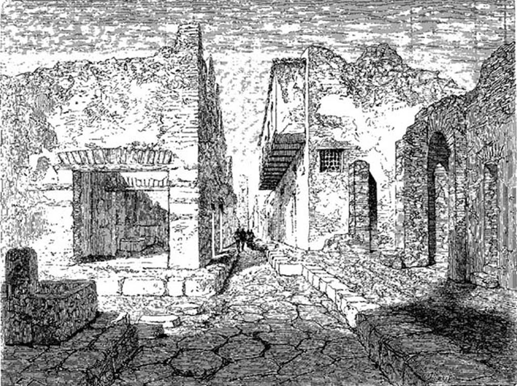 VII.12.28 Pompeii. 1864. Looking west along Vicolo del Balcone Pensile with House of the Hanging Balcony, on right.
Drawn in 1864 by M. Duclère, woodcut by Thérond.
See Le Tour du monde, nouveau journal des voyages 1864, p. 392.