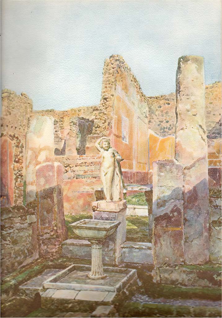 VII.12.28 Pompeii. c.1908. Watercolour by Luigi Bazzani. Looking north across garden area. 
In the rear, on the right, the decorated north wall of the exedra can be seen.
Now in Naples Archaeological Museum, inventory number 139411.